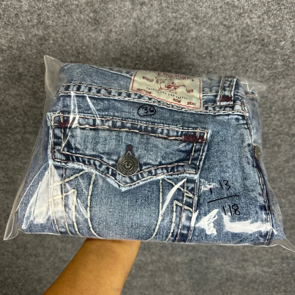 True Religion Ricky Relaxed Straight Jeans Mens 36 Blue Excellent Acid Wash